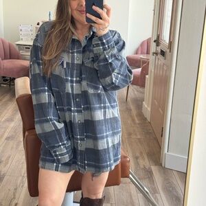 Oversized Blue Plaid Flannel Shacket | Cozy Fall Layer | Cabin Core